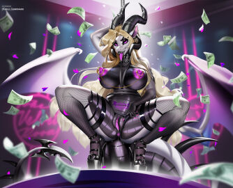anthro anus aomori banknote belly_scales big_nipples black_body black_scales blonde_hair bodily_fluids clothing crouching dancing dragon dripping eyeshadow female fishnet_clothing footwear genital_fluids genitals hair harness high_heels horn lilith_velvet_drakenheart looking_at_viewer makeup membrane_(anatomy) membranous_wings money mythological_creature mythological_scalie mythology nipple_piercing nipples platform_footwear platform_heels pole pole_dancing pubic_tattoo purple_eyes purple_nipples purple_tongue pussy pussy_juice_drip scales scalie solo strip_club stripper tongue tongue_out vaginal_fluids white_body white_scales wings