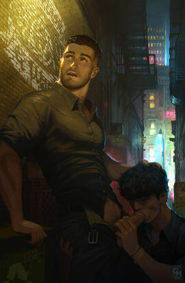 2boys alley artist_logo balcony balls bara beard_stubble brick_wall brown_eyes brown_hair building celery_man6 celeryman city collared_shirt commentary cowboy_shot curly_hair english_commentary facial_hair fellatio hand_on_another's_head male male_focus multiple_boys multiple_males night oral original outdoors seamus_(celeryman) shirt short_hair stubble testicles window yaoi