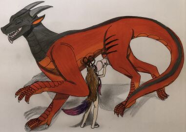 absurd_res anthro antlers balls big_balls big_breasts big_penis black_body breasts claws closed_eyes crimson_(crimsoncreaturecreations) dewclaw dragon duo dylanaildon_no_2 fellatio female feral fluffy fluffy_tail forest_spirit genitals grasping hair hi_res horn larger_male long_ears long_hair male male/female mammal markings multicolored_hair mythological_creature mythological_scalie mythology nude nude_female ochre_hair oral penile penis red_body reptile ridged_penis scales scalie sex shadow sharp_teeth simple_background size_difference smaller_female striped_markings stripes sucking_tip superabsurd_res tail teeth tirisk_(dylanaildon_no_2) tongue tongue_out traditional_media_(artwork) wingless_dragon zoophilia