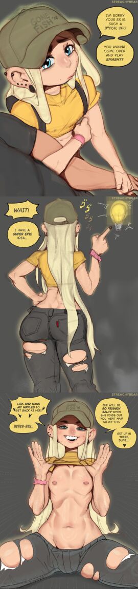 1girls 3koma abs ass back bare_midriff blonde_hair blue_eyes breasts breasts_out cap clothed clothing crop_top dialogue duo ear_piercing edit english_text eyebrows eyelashes female female_focus fit fit_abs fit_female flashing_breasts flat_chest goth goth_girl grabbing_arm grey_background hand_on_hip hat heart hips inviting lifted_by_self light_skin locked_arms long_hair makeup midriff mole mole_under_mouth narrowed_eyes navel nipple_piercing nipples original pierced_ears pierced_nipples piercing piercings pretending punk punk_girl revealing_breasts ribs ripped_clothing ripped_pants seductive_look shirt_lift skinny small_breasts smile stomach straight_hair streachybear talking_to_viewer tall_image teeth_showing thighs tomboy urban urban_fashion urban_goth