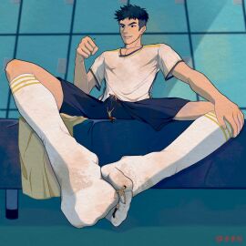 5boys artist_request blue_hair bulge dirty_socks erection erection_under_clothes feet foot_fetish gay giant giant_male larger_male macro macro_male macrophilia male male_focus male_foot_fetish male_only maledom malesub micro micro/macro micro_male micro_on_macro size_difference smaller_male socks tenting