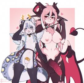 angel anthro bell bell_collar big_breasts big_penis bodily_fluids breasts cage chastity_cage chastity_device clothing collar cum cum_in_mouth cum_inside cum_on_face demon dickgirl duo felid femboy futa/male futa_is_bigger futa_on_male futadom futanari genital_fluids genitals gloves hair handwear heart_symbol hi_res horn intersex larger_futa leash leashed_collar leashed_male legwear long_hair male malesub mammal pantherine penis penis_size_difference pink_hair size_difference smaller_male snow_leopard thigh_highs tserera white_hair wings