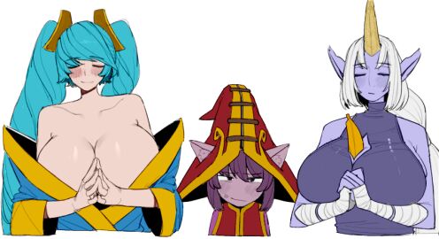 1_horn 3girls animal_ears banana bare_shoulders between_breasts breast_envy breast_size_difference breasts cleavage cleavage_cutout clothing_cutout collarbone female food fruit grey_hair hair_ornament hat horns large_breasts league_of_legends long_hair lulu_the_fae_sorceress multiple_females multiple_girls ohasi pointy_ears ponytail purple_hair sona_buvelle soraka tagme twintails very_long_hair witch_hat yordle