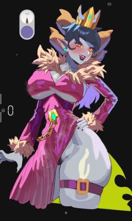 1girls ass black_hair black_lipstick black_nails brawl_stars crown dress female fur golden_chains grey_skin hairy_pussy heart heart-shaped_pupils horns huge_ass jewelry malicious_mandy_(brawl_stars) mandy_(brawl_stars) mom musk musk_clouds pankekes pubes pubic_hair pubic_hair_peek pussy pussy_visible_through_clothes queen short_hair wide_hips