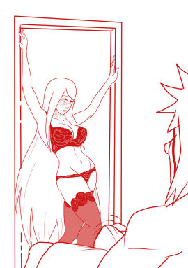 1boy 1girls age_difference bangs before_sex blush boner bra cheating cheating_wife cleavage cloak cucked_by_teacher cuckold curvy dialogue embarrassed erection erection_under_clothes female imminent_sex jiraiya lingerie long_hair lying male mattwilson83 monochrome naruto naruto_(series) naruto_shippuden netorare ntr older_male_and_younger_female panties partially_clothed partially_colored red_theme seducing shirtless spread_arms standing stockings talking text transparent_clothing uzumaki_kushina wide_hips