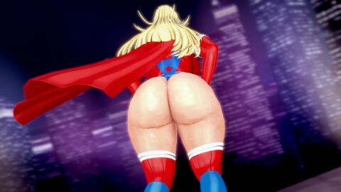 3d 3d_render ass back_view big_ass blonde_hair cape city city_background cityscape female from_behind gloves huge_ass koikatsu long_gloves low_angle miya_ozaka original original_character public red_thighhighs solas_(artist) superhero superhero_costume superheroine thigh_highs