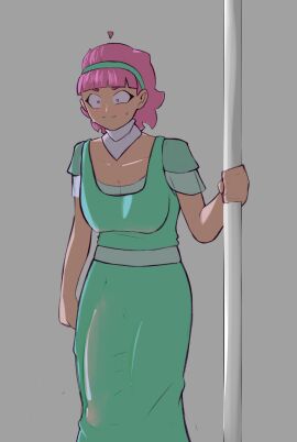 1girls bangs big_breasts blush_lines breasts bulge clothed clothing dress erection_under_clothes eye_twitch female female_only fully_clothed huge_cock human light_skin male mina_(rippledvoice) penis pink_hair pole purple_eyes rippledvoice self_upload short_hair solo solo_female standing sweat