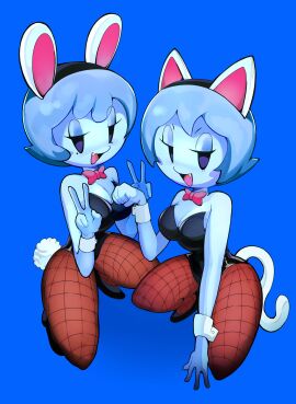 2024 2girls anthro anthrofied blue_body blue_eyes blue_skin boo_(mario) bow bowtie breasts bunny_ears bunny_tail bunnysuit cat_ears cat_tail ellisbros fangs female fishnet_legwear fishnet_stockings fishnets ghost ghost_girl lahla looking_at_viewer mario_(series) mob_face nintendo paper_mario paper_mario:_the_thousand-year_door peace_sign peeka short_hair simple_background tagme_(artist) thick_thighs thighhighs thighs