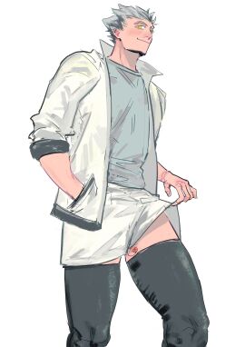 1boy blush bokuto_koutarou clothed clothing clothing_lift compression_shorts haikyuu!! male male_focus male_only muscular revealing short_shorts smirk solo tagme vibrator viewed_from_below