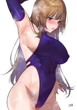 armpits bangs blush breasts breath brown_hair covered_navel covered_nipples eyebrows_visible_through_hair female heavy_breathing highleg large_breasts long_hair open_mouth purple_eyes purple_legwear purple_swimsuit solo steam steaming_body