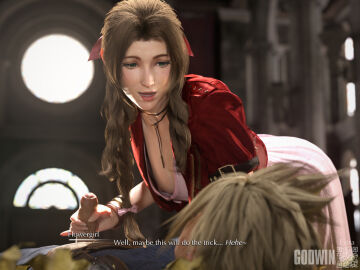 1boy 1girls 3d aerith_gainsborough blonde_hair braid braided_hair braided_ponytail breasts brown_hair caption cleavage clothed clothed_male cloud_strife dialogue female final_fantasy final_fantasy_vii final_fantasy_vii_remake foreskin godwin green_eyes handjob holding_penis light-skinned_female light-skinned_male light_skin long_hair looking_at_another male mischievous_smile neroxliv nipple_slip nipslip penis penis_out playful precum precum_on_penis small_breasts smirk smirking subtitled tagme uncircumcised