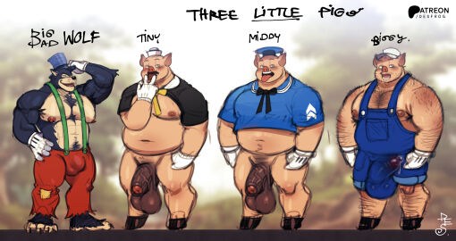 absurd_res anthro areola arm_hair balls big_bad_wolf big_balls big_penis biped bodily_fluids body_hair bulge canid canine canis chest_hair clothed clothing desfrog detailed_bulge domestic_pig english_text erection eyebrows fairy_tales fingers foreskin fur gay gay_male genital_fluids genitals gloves handwear hat headgear headwear hi_res hooves humanoid_genitalia humanoid_penis leg_hair male male_focus male_only mammal muscular muscular_anthro muscular_male nipples pecs penis pig precum precum_through_clothing saggy_balls solo suid suine sus_(pig) suspenders text the_three_little_pigs tongue tongue_out top_hat uncircumcised vein veiny_penis wet wet_clothing wolf yaoi