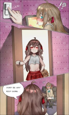 2girls blue_eyes brown_hair caught_masturbating cheerleader cheerleader_outfit cheerleader_uniform choker evil_neuro female female_only hair_ribbon heart incest indie_virtual_youtuber indie_vtuber light-skinned_female light_skin neuro-sama pborzoi red_eyes ribbons sisters twitch vedal_ai virtual_youtuber vtuber