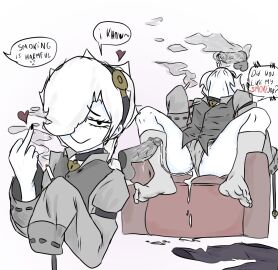 1girls 2024 2boys after_sex anal anal_creampie anus_peek ass black_nails blowing_smoke blowjob brawl_stars choker colette_(brawl_stars) creampie cum_in_ass cum_on_face dripping_cum english_text feet female footwear head_back headband heart long_sleeves male middle_finger panties_aside pointy_chin reclining smoking smoking_fetish smug_face supercell tot_art white_background white_hair