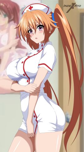 absurdres arm_under_breasts big_breasts blurry blurry_background blush blushing breasts dress english_commentary female hat high_school_dxd highres indexxryo indoors large_breasts long_hair looking_at_viewer nurse nurse_cap nurse_uniform orange_hair poster_(object) purple_eyes room sexy_nurse shidou_irina short_sleeves solo thick_thighs thin_waist twintails very_long_hair white_dress