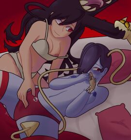 2girls ashamed average_breasts bed bedroom breasts female female_only filia_(skullgirls) fingering leviathan_(skullgirls) no_bra purple_hair pussy red_eyes samson_(skullgirls) skullgirls small_breasts smiling squigly striped_socks touching_pussy underwear yuri