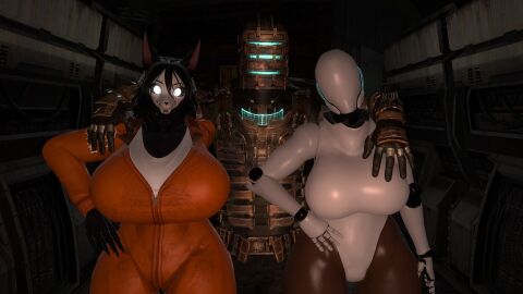 1boy 2girls 3d 3d_model android anthro armor arms_around_shoulders big_breasts black_body black_hair breasts cleavage crossover dead_space female furry garry's_mod goes_hard haydee haydee_(game) horror_game huge_breasts humor isaac_clarke looking_at_viewer male scp-1471 scp-1471-a scp-1471-a_(bom39) scp_foundation shitpost skull_head voluptuous wide_hips wolf wolf_girl
