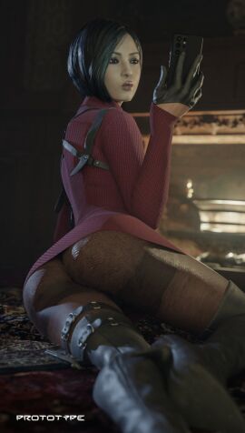 3d ada_wong ada_wong_(adriana) asian asian_female ass black_hair bubble_butt dress female hourglass_figure looking_back makeup pantyhose phone prototype_(artist) resident_evil resident_evil_4 resident_evil_4_remake selfie short_hair sweater_dress tagme thigh_boots wide_hips