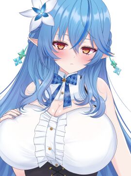 1girls 2025 bare_shoulders big_breasts blue_hair breasts clothed clothing elf_ears female female_only hi_res hololive hololive_gen_5 hololive_japan huge_breasts kasuterastellar light-skinned_female light_skin long_hair looking_at_viewer simple_background solo virtual_youtuber vtuber white_background white_skin yellow_eyes yukihana_lamy