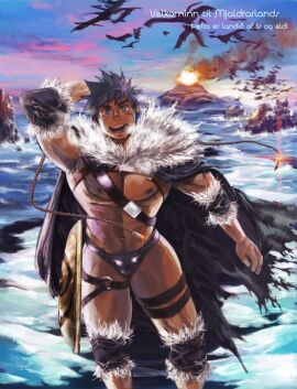1boy armpit_hair armpits arms_up bara big_breasts bird black_hair blue_eyes breasts buckle bulge bulge_through_clothing cape elbow_pads feathers hands_behind_head icelandic kneepads looking_at_viewer male male_only muscles muscular muscular_arms muscular_legs muscular_male muscular_thighs open_mouth original original_character pecs seaside shield shina_(mjaldrarland) short_hair skimpy skimpy_clothes standing steamy_breath straps text thick_thighs thong viking volcano wave yaoi