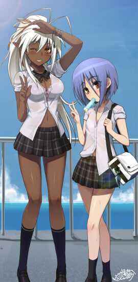 2girls anime_style ayane_ichijou bag bikini black_socks breasts dark-skinned_female dress female female_only flat_chest hot_spring ice_cream light-skinned_female light_blue_hair light_skin ookuma_nekosuke sansei_muramasa school_uniform small_breasts soukou_akki_muramasa summer taller_female wet_body white_hair yellow_eyes