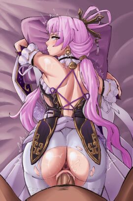 1boy 1girls ass bubble_ass bubble_butt female fu_xuan_(honkai:_star_rail) honkai:_star_rail honkai_(series) light-skinned_female light-skinned_male light_skin looking_at_viewer looking_back male mobi_mobi pale-skinned_female pale_skin pink_hair pussy sex_from_behind twintails vaginal vaginal_penetration