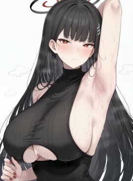 1girls armpits black_hair blue_archive breasts female huge_breasts looking_at_viewer presenting_armpit red_eyes rio_(blue_archive)