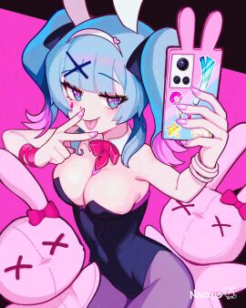 1girls 2d :p aqua_eyes blue_eyes blue_hair bracelet breasts breasts_out bunny bunny_ears bunnysuit clothed cowboy digital female female_only hair hairband hatsune_miku media medium nipples nivaris ornament pantyhose partially peace_sign phone pink_nails plushie shot solo stuffed_animal tongue tongue_out twintails v v_sign
