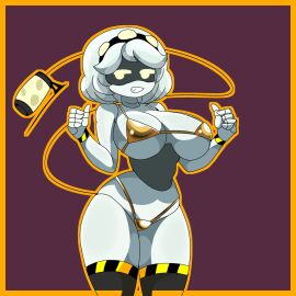 1girls big_breasts bikini breasts curvy curvy_female curvy_figure female female_only glitch_productions golden_bikini hips murder_drones peak robot robot_girl robot_humanoid silver_hair smiling solo solo_female tannicfer thick_thighs thin_clothing thumbs_up v_(murder_drones) yellow_eyes