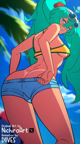 1girls 2024 9:16 animated areola ass big_ass blue_eyes blue_hair brazil brazilian brazilian_female brazilian_miku breasts cyan_hair diives eyewear_on_head female female_only hair hatsune_miku hi_res latin_american_hatsune_miku_(meme) long_hair looking_at_viewer looking_back no_panties nopan pussy shorts shorts_down smile sunglasses tan tan_body tanline tongue tongue_out topless twintails vertical_video vocaloid