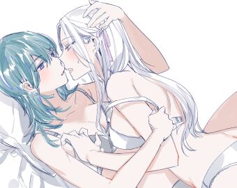 2girls bare_shoulders bed blue_eyes blush bra bra_slip breasts byleth_(fire_emblem) byleth_(fire_emblem)_(female) cleavage commentary_request cowgirl_position edelgard_von_hresvelg female female_only fire_emblem fire_emblem:_three_houses fresa_pie green_hair grey_bra grey_panties hair_between_eyes hair_ribbon imminent_kiss looking_at_another lying medium_breasts multiple_females multiple_girls nintendo on_back open_mouth panties pillow purple_eyes ribbon sideboob sweatdrop underwear underwear_only white_bra white_hair white_panties yuri