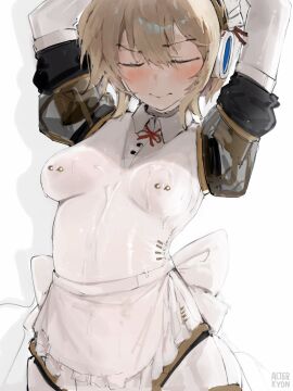 1girls aigis_(persona) alterkyon apron armpits arms_up blonde_hair blush bow bowtie breasts closed_eyes collared_shirt cum cum_on_body cum_on_breasts female female_only highres maid_apron mecha_musume mechanical_arms medium_hair nipple_piercing persona persona_3 pierced_through_clothes piercing red_bow red_bowtie robot_girl shirt skin_tight small_breasts solo standing transparent_body white_shirt