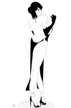 ass backless_outfit big_breasts black_and_white black_dress breasts color_request condom dress female gloves high_heels komi-san_wa_komyushou_desu komi_shuuko line_art looking_back press sex short