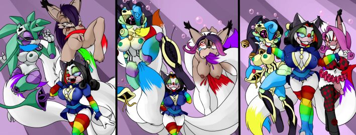 alternate_hairstyle anthro before_and_after black_hair black_sclera blue_hair boots bottomless breasts clown corruption dazed fangs female femdom femsub fox_girl furry futanari futasub green_hair happy_trance intersex lavenderrose long_hair multiple_subs nipples nude original penis pink_hair purple_hair ring_eyes robot thighhighs topless transformation