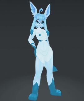 3d animated anthro blue_body breasts digital_media_(artwork) eeveelution female fur generation_4_pokemon glaceon hair nintendo nipples nude pokemon pokemon_(species) simple_background smile solo stripes tail tednotbob