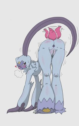 absurd_res anthro anus ass bent_over big_ass big_butt biped black_nose blush bodily_fluids censored claws colored female forehead_gem fur gem generation_8_pokemon genitals grey_background grey_body grey_fur heart_symbol hi_res inviting_to_sex looking_at_viewer looking_back looking_back_at_viewer mosaic_censorship nintendo nude nude_anthro nude_female pheroviran pokemon pokemon_(species) presenting presenting_hindquarters purple_anus purple_body purple_claws purple_fur pussy rear_view red_eyes simple_background sneasler solo sweat sweatdrop tail tail_motion tailwag thick_thighs vulva white_claws wide_hips