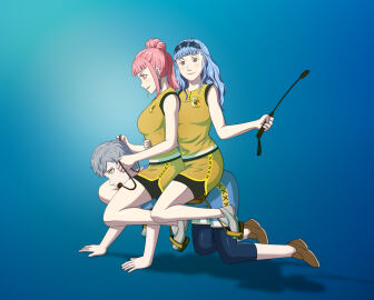 1boy 2girls absurdres all_fours alternate_costume alternate_hairstyle ashe_ubert bdsm bit_gag blue_hair breasts female femdom fire_emblem fire_emblem:_three_houses fire_emblem_warriors:_three_hopes gag gagged highres hilda_valentine_goneril hilda_valentine_goneril_(helping_hand) horseback_riding male malesub marianne_von_edmund medium_breasts multiple_females multiple_girls nintendo official_alternate_hairstyle pet_play petplay pony_play reins ridalred riding riding_crop sitting sitting_on_person