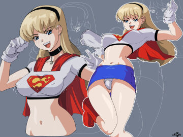 1girls :d absurd_res blonde_hair blue_eyes boots breasts capelet choker covered_nipples crop_top cross_impact dc dc_comics dcau earrings erect_nipples female female_only fully_clothed gloves hairband hi_res long_hair looking_at_viewer medium_breasts midriff miniskirt multiple_views navel nipples open_mouth panties pantyshot revealing_clothes signature sketch_background skirt smile solo supergirl supergirl_(dcau) superhero superhero_costume superheroine superman_(series) thigh_gap upskirt v white_panties