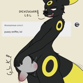ambiguous_gender anthro balls brreo bulge dark_body deep_penetration deepthroat eeveelution fellatio forced_oral generation_2_pokemon genitals hi_res knotting male male/ambiguous nintendo nude nude_anthro oral oral_knotting oral_penetration penetration penile penis pokemon pokemon_(species) sex size_difference text tumblr tumblr_ask umbreon vipy