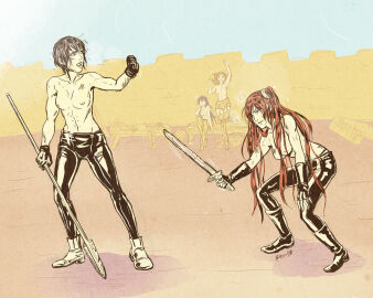 4girls armor arms_up artist_request bare_breasts blue_eyes blue_hair bouncing_breasts breasts breasts_out casual casual_exposure casual_nudity cheering cynthia_(fire_emblem) exhausted exposed_breasts female female_focus female_only fire_emblem fire_emblem_awakening garter_straps gloves hanging_breasts kjelle_(fire_emblem) long_hair lucina_(fire_emblem) medium_breasts nonsexual_nudity panties panties_peek red_eyes red_hair removed_armor scar scars severa_(fire_emblem) short_hair short_shorts short_skirt skirt small_breasts sparring spear sweat sweating sweaty sweaty_body sweaty_breasts sword tired topless topless_female twintails weapon