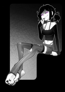 1girls 2024 ashley_graves barefoot bedroom_eyes belly_button big_breasts black_and_white black_hair black_nails black_toenails bottomwear bra bra_strap breasts busty calves choker cleavage clothed clothed_female clothing crop_top denim denim_shorts ear_piercing eyelashes feet feet_together female foot_fetish footwear front_view full_body fully_clothed greyscale hair hand_to_own_mouth hi_res human jean_shorts large_breasts legwear light-skinned_female light_skin long_hair looking_at_viewer midriff monochrome nail_polish narrowed_eyes navel panties piercing ponytail presenting presenting_feet purple_eyes ripped_stockings seductive seductive_eyes seductive_look seductive_smile shirt shorts simple_background sitting smile smiling smiling_at_viewer smirk soles solo spot_color stirrup_legwear stockings stomach the_coffin_of_andy_and_leyley thighhighs thighs thong thong_straps toe_ring toeless_legwear toenail_polish toes topwear torn_legwear torn_thighhighs underwear xu53r