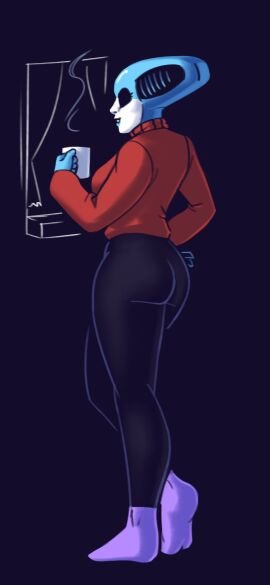 absurd_res ass bottomwear breasts clothing container cup deltarune dracozhilla female footwear fully_clothed hi_res humanoid larger_female machine mug pants patreon queen_(deltarune) robot size_difference socks solo sweater text topwear turtleneck undertale_(series) url window winter yoga_pants
