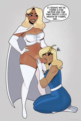 blonde_female blonde_hair blowjob dark-skinned_futa dark_skin emma_frost fantastic_four female futa_on_female futanari hellfire_club intersex invisible_woman marvel marvel_comics melat0nin penis speech_bubble starbryte sue_storm trans_woman transfem trimmed_pubic_hair white_queen x-men