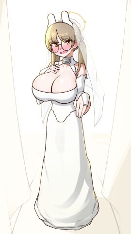 1futa animal_ears bare_shoulders blue_archive blush breasts bridal_gauntlets bridal_veil brown_hair brown_halo dress fake_animal_ears female full_body futa_only futanari glasses halo hand_on_own_chest highres intersex large_breasts light-skinned_futa light_skin liveactors looking_at_viewer moe_(blue_archive) open_mouth penis rabbit_ears rabbit_squad_(blue_archive) round_eyewear smile solo srt_special_academy_student standing twintails veil wedding_dress white_dress yellow_eyes