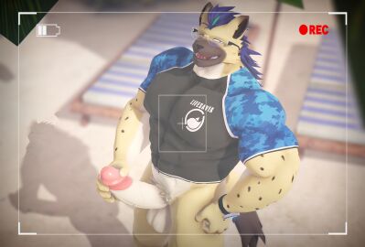 abs absurd_res anthro balls beach blue_hair bottomless bottomless_male brown_body brown_fur clothed clothing eyewear foreskin fur genitals glasses hair hi_res hyena male mammal masturbation mohawk muscular muscular_male pecs penis public public_nudity recording recording_video retracted_foreskin shirt solo spotted_hyena tan_body tan_fur tight_clothing topwear uncircumcised waidan_kai waidan_kai_(artist)