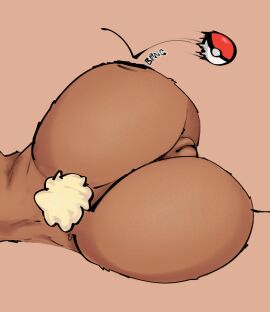 anus ass big_ass big_butt brown_body brown_fur female fur generation_4_pokemon genitals humanoid lagomorph lopunny lying mammal nintendo on_side onomatopoeia pokeball pokemon pokemon_(species) pussy short_tail simple_background solo sound_effects tacodawg tail text white_body white_fur
