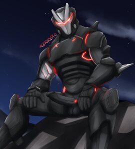 2024 5_fingers acekhoexo alternate_version_available armor balls black_armor black_balls black_glans black_penis detailed_background digital_drawing_(artwork) digital_media_(artwork) epic_games erection fortnite fortnite:_battle_royale glans glowing_markings helmet humanoid humanoid_genitalia humanoid_hands humanoid_penis looking_at_viewer male male_focus masculine night_sky omega_(fortnite) penis red_markings red_visor rock signature sitting solo solo_male star stone
