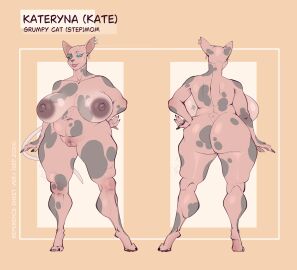 absurd_res anthro ass belly big_ass big_breasts big_butt blue_eyes breasts def4lt domestic_cat ear_piercing felid feline felis female hairless hairless_cat hi_res mammal markings mature_female model_sheet nude piercing pubes slightly_chubby slightly_chubby_anthro slightly_chubby_female solo solo_focus sphynx_(cat) spots spotted_body tail thick_thighs wide_hips