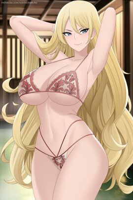 1girls armpits arms_behind_head aslindsamure blonde_hair blue_eyes breasts fairy_tail female huge_breasts jenny_realight long_hair posing underwear underwear_only voluptuous