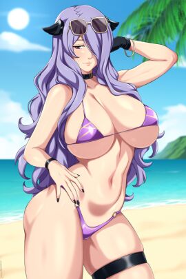 1girls armwear big_breasts bikini bikini_bottom bikini_top black_nail_polish black_nails bottomwear bracelet breasts camilla_(fire_emblem) cleavage female female_only fire_emblem fire_emblem_fates hair hair_over_one_eye hand_behind_head hand_on_hip headwear hips huge_breasts large_breasts lindaroze long_hair mature mature_female nail_polish nails purple_bikini purple_eyes purple_hair solo solo_female sunglasses sunglasses_on_head swimwear thick_thighs thigh_strap thighs topwear wide_hips